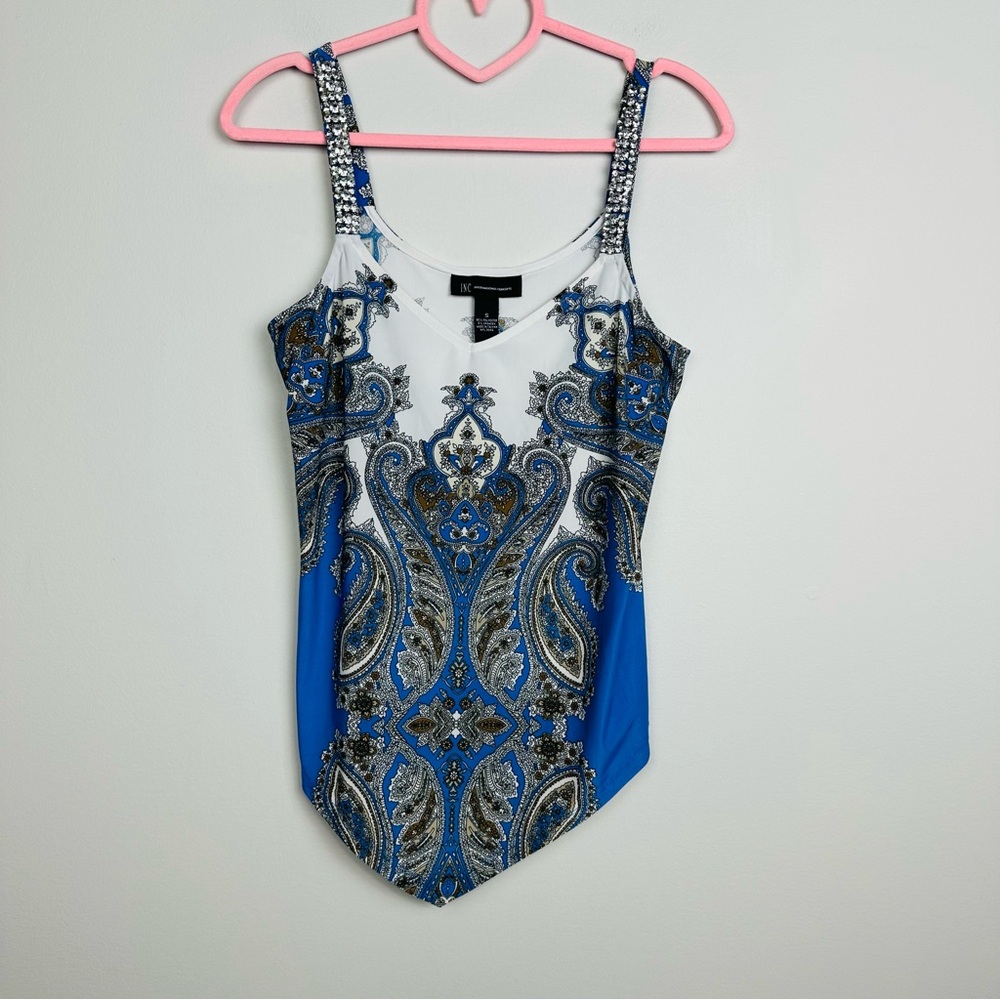 INC International Concepts Blue and White Paisley Top Size Small